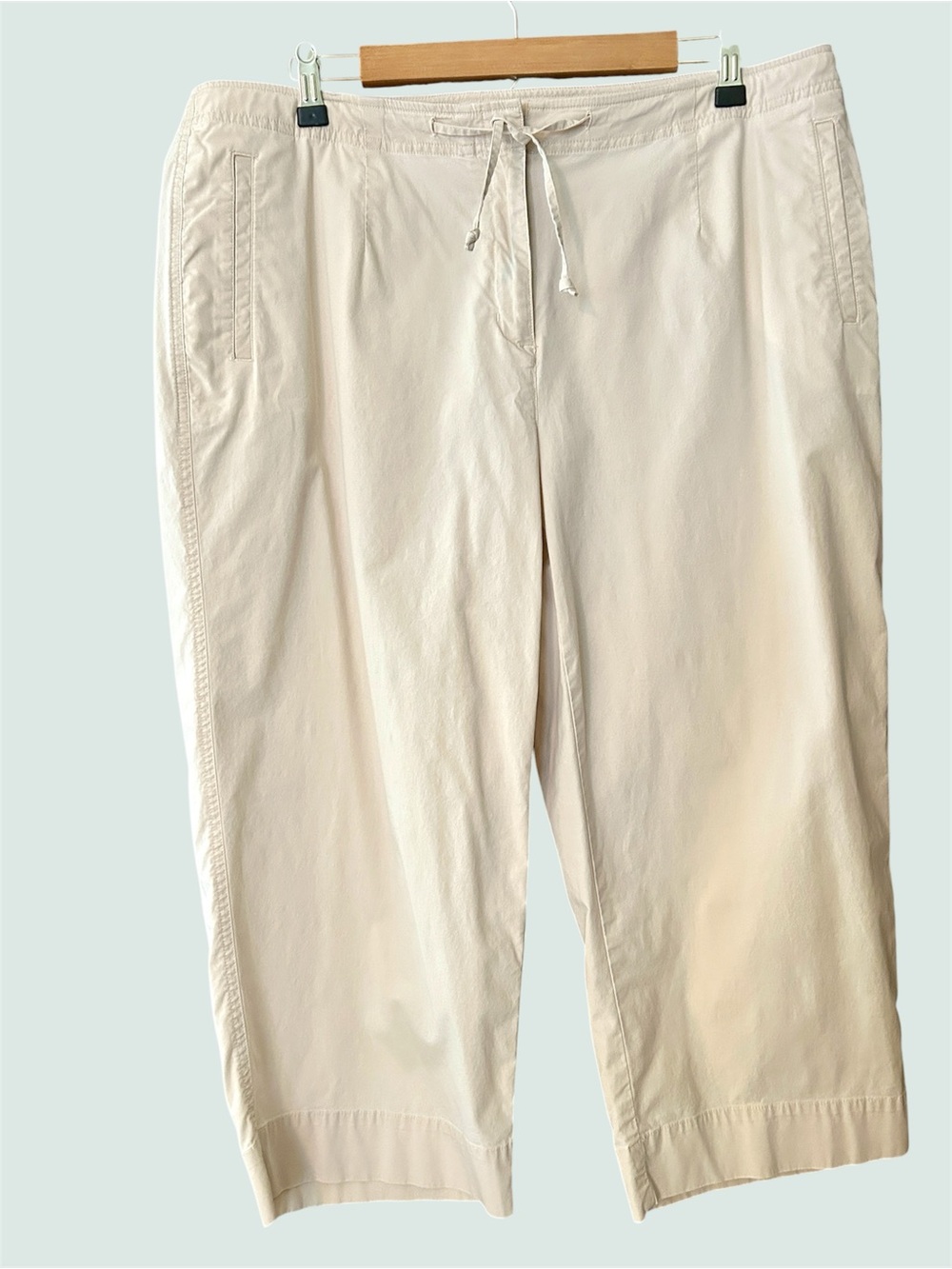 Talbots Tan Beige Capri Pants 16WP Petite Drawstring Cotton Stretch Wide Leg